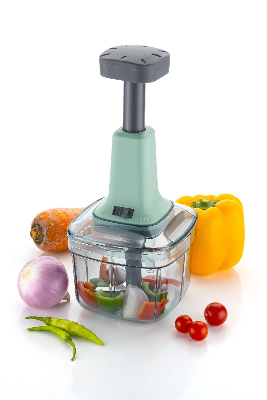Manual Food Cutter for Vegetables & Fruits | Push Style with Stainless Steel Blades | Onion, Tomato, Garlic, Chilli Slicer | Compact Kitchen Tool (Green)
