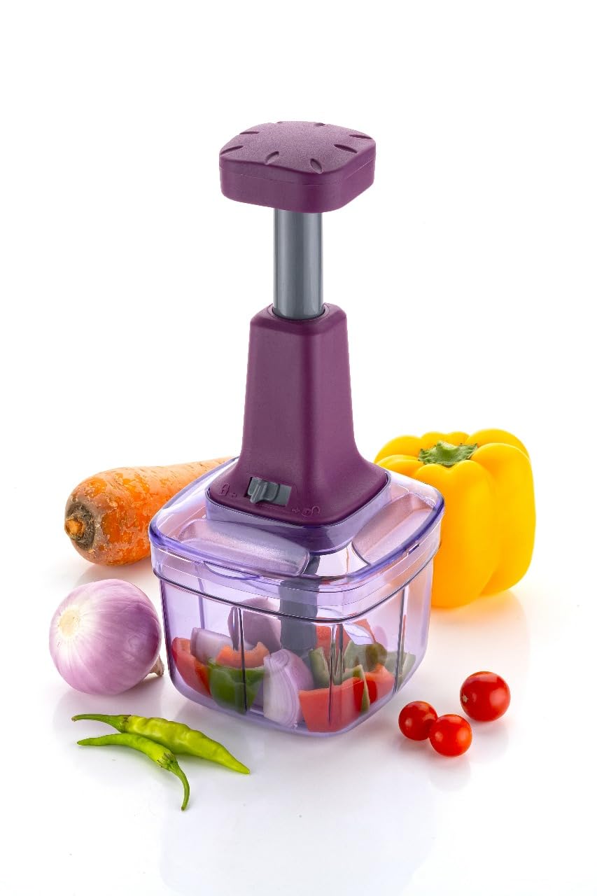 Manual Food Cutter for Vegetables & Fruits | Push Style with Stainless Steel Blades | Onion, Tomato, Garlic, Chilli Slicer | Compact Kitchen Tool (Purple)