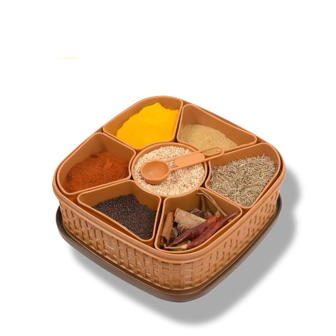 Square Masala Box with 7 Compartments & Spoon | Plastic Spice Organizer with Airtight Lid | Indian Spice Storage Container for Kitchen (1 Pc, Brown)
