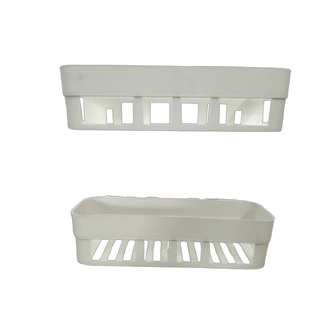 Self Adhesive Wall Mount Storage Basket Rack | Multipurpose Bathroom & Kitchen Organizer Shelf | No Drill Strong Adhesive Plastic Storage Rack, 2-Pack (White)