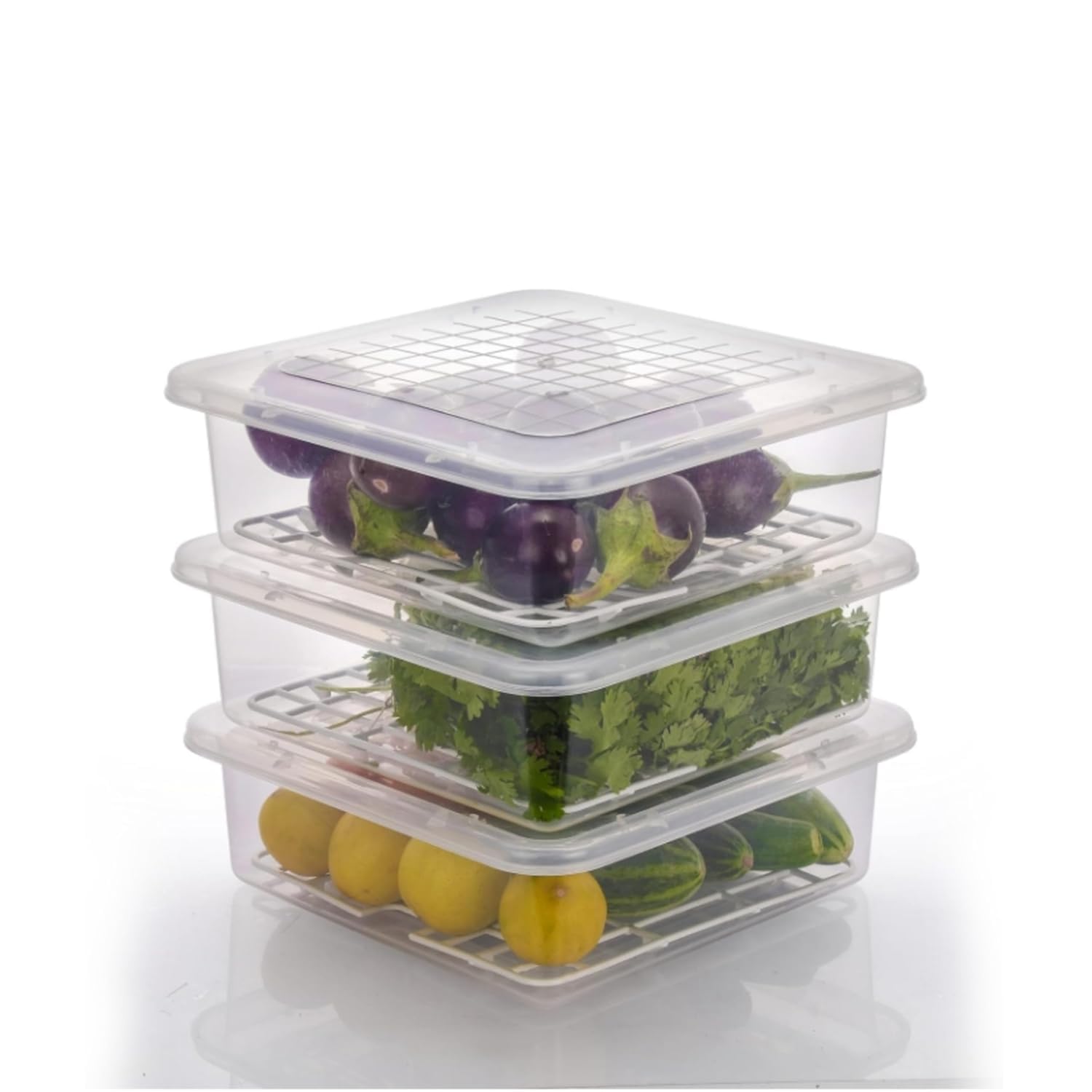 Fridge Storage Containers for Vegetables & Fruits | Stackable Refrigerator Organizer Bins with Lid & Drain Tray | BPA-Free Plastic Kitchen & Pantry Box (Set of 6)