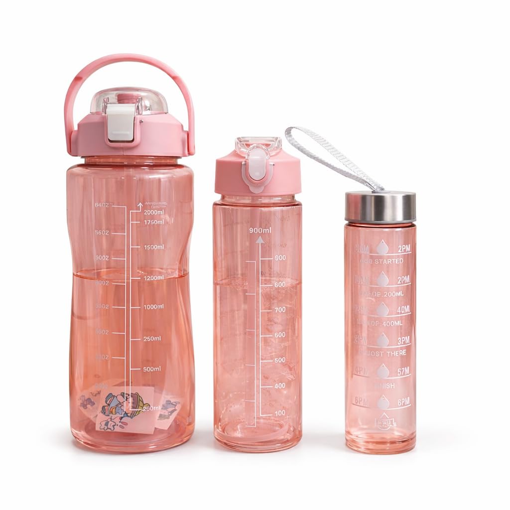 Motivational Water Bottle 3 Pcs Set (2000ml + 900ml + 300ml) | Transparent Leakproof Plastic Water Bottles with Time Marker | Gym, Office, School & Travel | BPA Free |