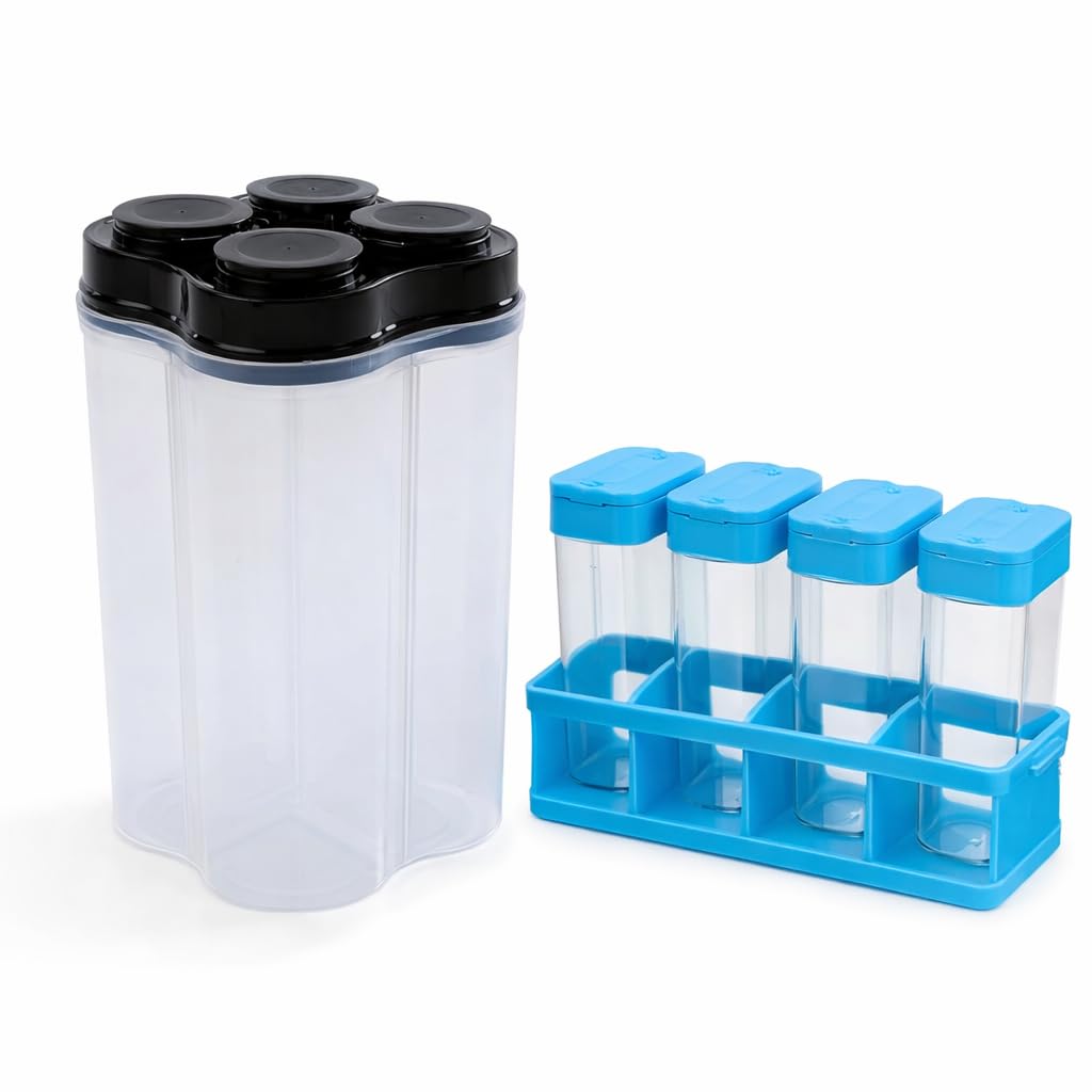 Combo- 4-Piece Airtight Kitchen Masala Box Set with Tray & 4-in-1 Airtight Storage Container | Transparent Spice Containers with Rack & Dry Storage Jar