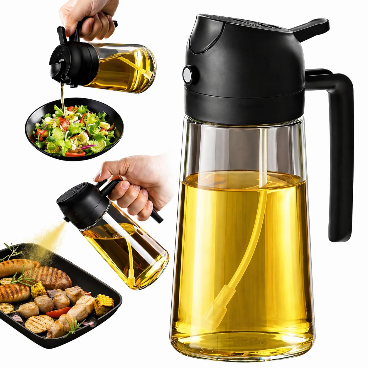 2-in-1 Glass Oil Dispenser Spray Bottle | Fine Mist & Controlled Pouring for Cooking | Refillable Kitchen Oil Sprayer for Frying, Baking, BBQ & Salad | Leakproof & Easy to Use