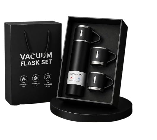 500ml Stainless Steel Vacuum Insulated Bottle Set with 2 Cups | Double Wall Thermos Flask | Leak Proof BPA Free Water Bottle for Office, School, Travel & Outdoor