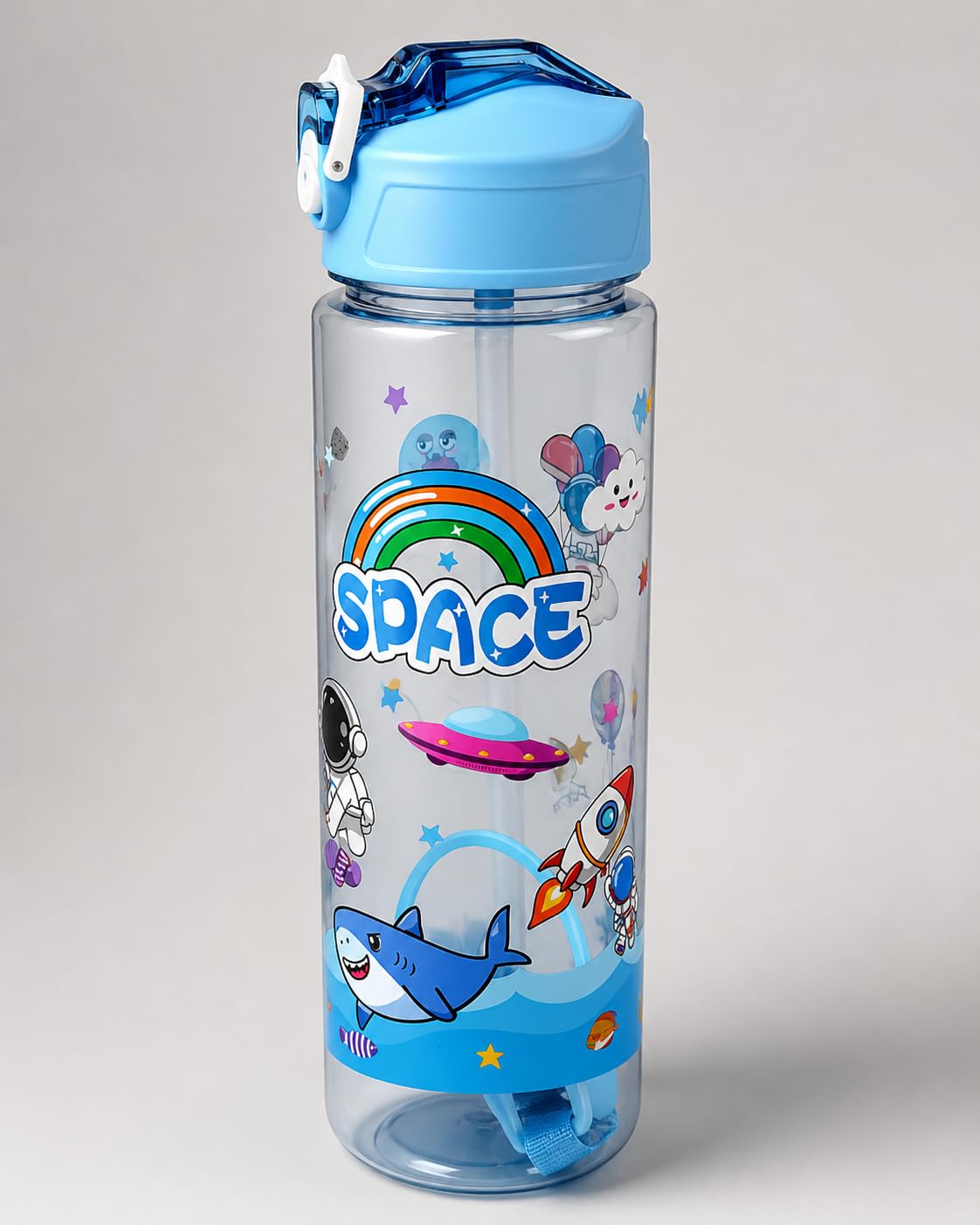 Kids Space Theme Water Bottle | 650ml Leakproof Sipper Bottle with Straw for School | BPA-Free Plastic Cute Cartoon Water Bottle for Boys & Girls | One-Touch Flip Lid, Strap, Lightweight (Blue)