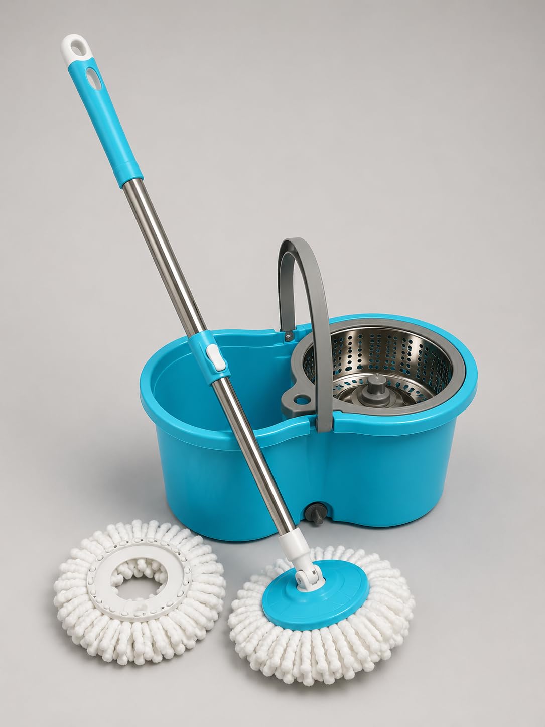 Spin Mop Bucket Set with Stainless Steel Handle | 360° Rotating Microfiber Floor Cleaning Mop | 2 Refill Heads | Easy Spin Wringer System | Blue